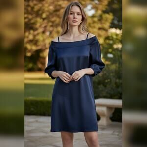 NWT $465 TIBI 6 navy satin cold shoulder shift dress
